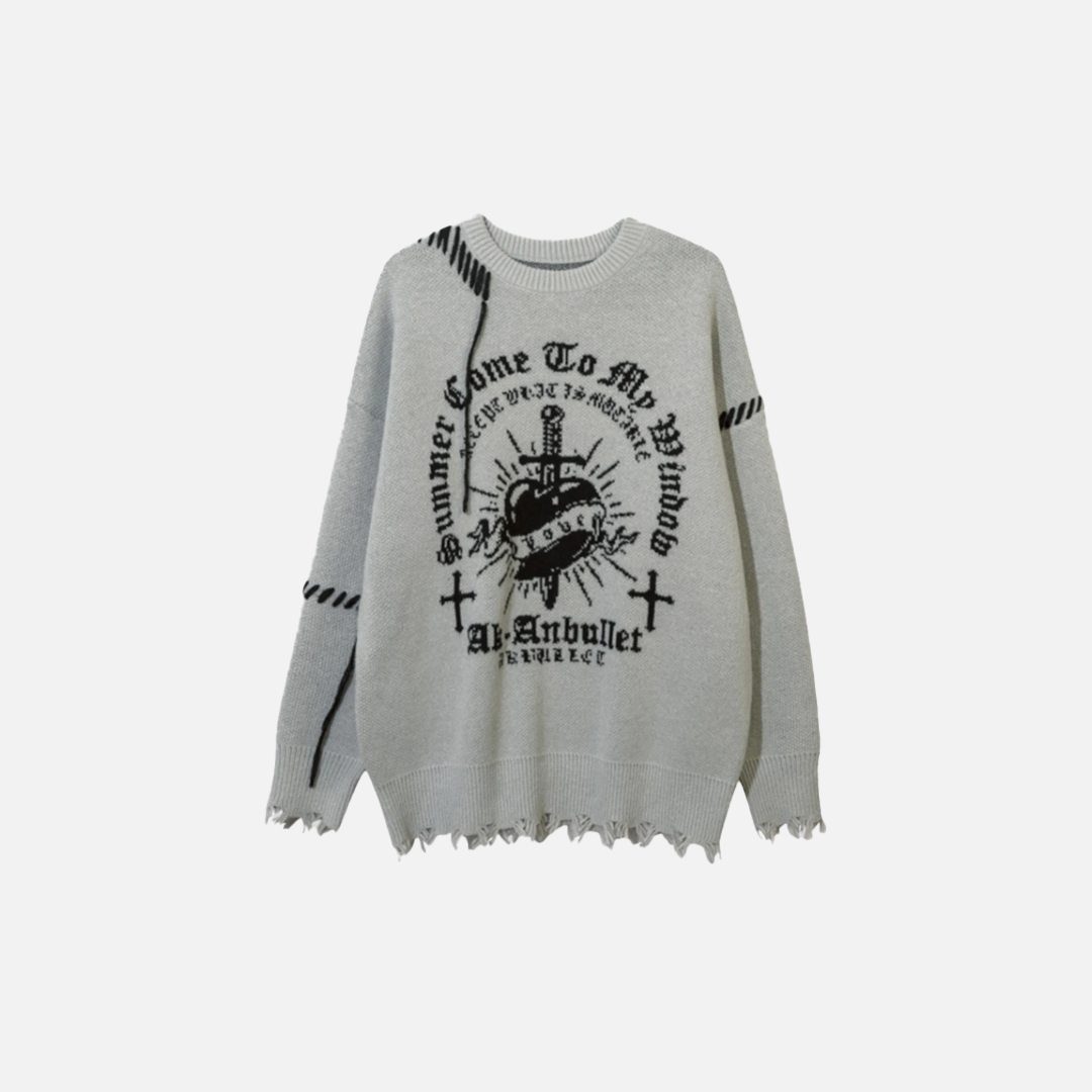 Gothing Vintage Heart Cross Torn Knitted Sweater - Luxuryurbanwear