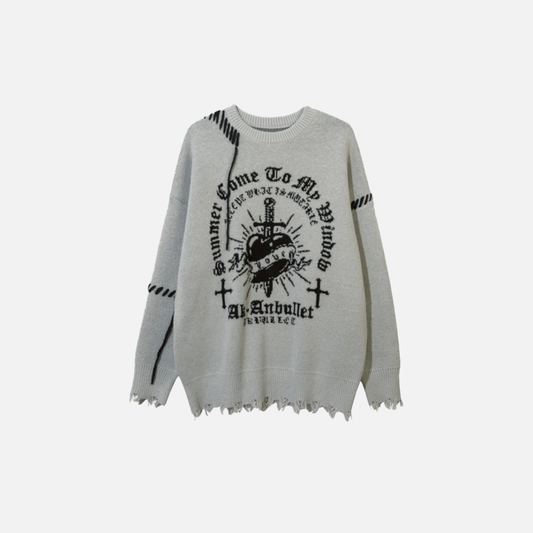 Gothing Vintage Heart Cross Torn Knitted Sweater - Luxuryurbanwear