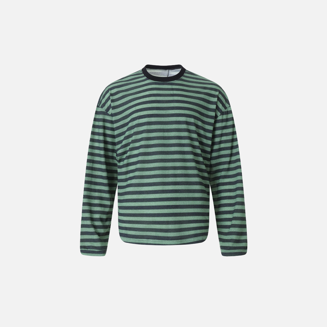 Retro Striped Loose Crewneck Long Sleeve T-Shirt - Luxuryurbanwear