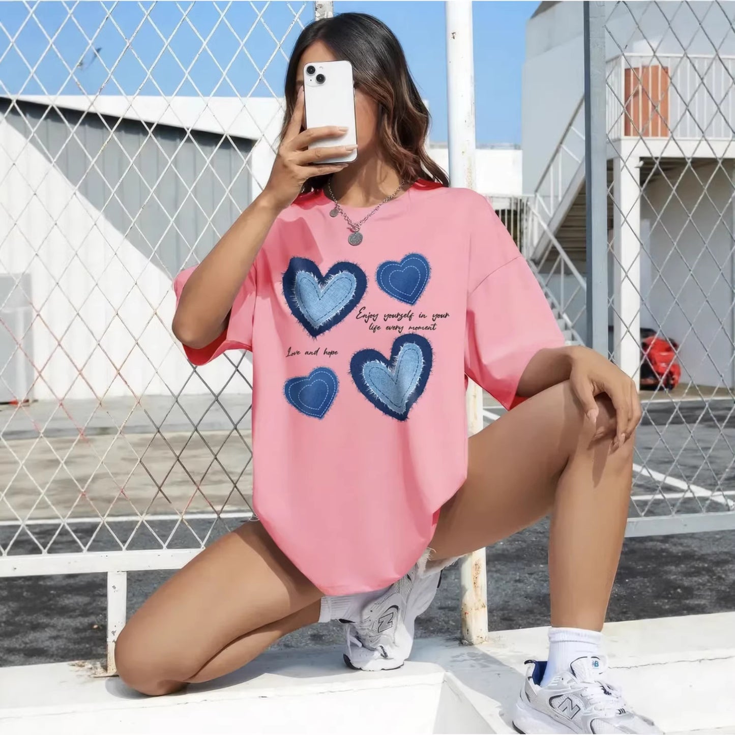 Love pattern round neck short sleeved loose top for women