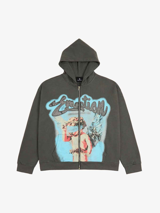 Vintage Blindfolded Angel Rhinestone Zip-Up Hoodie
