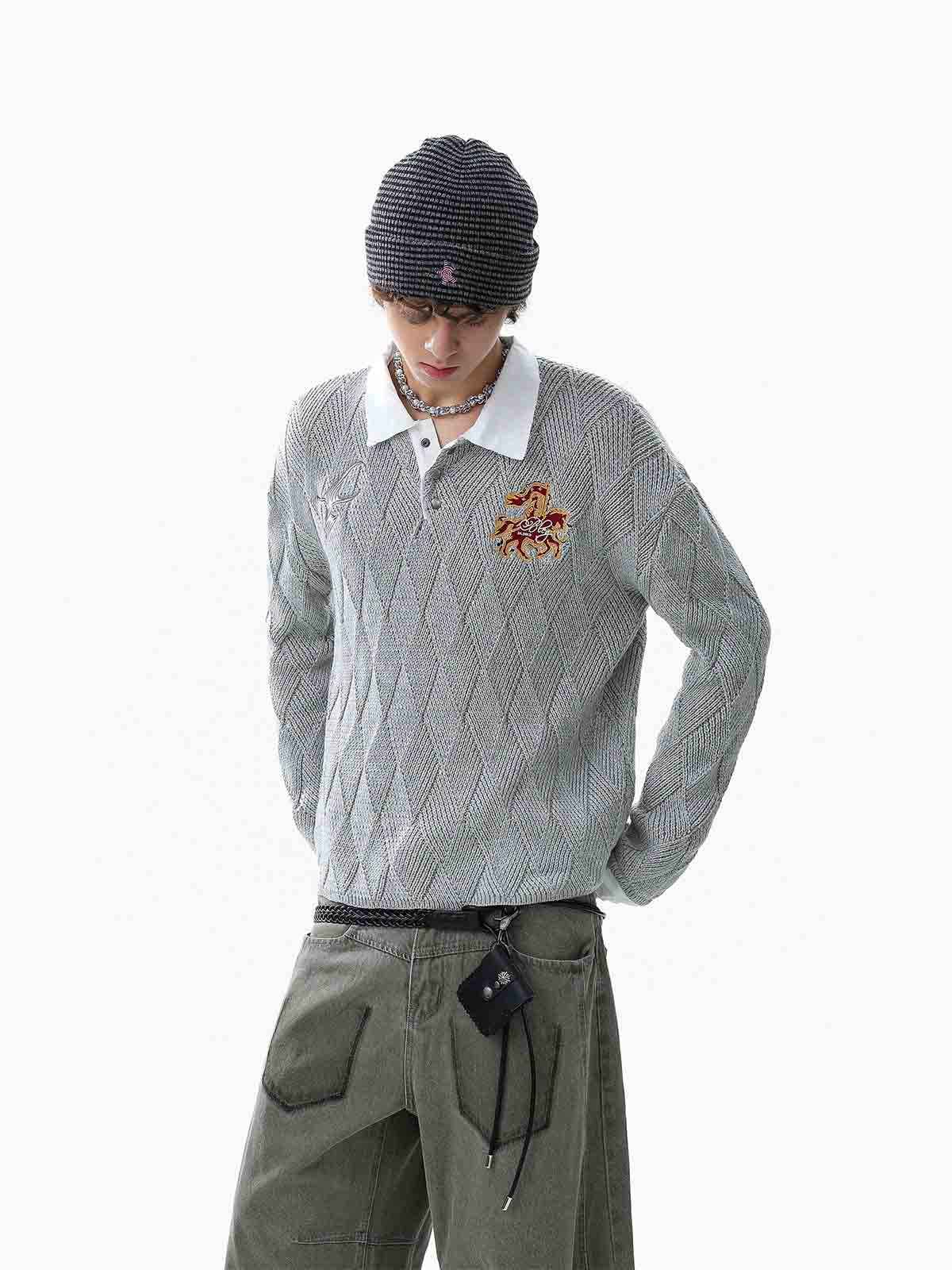 Retro Contrast Collar Embroidery Knit Sweater