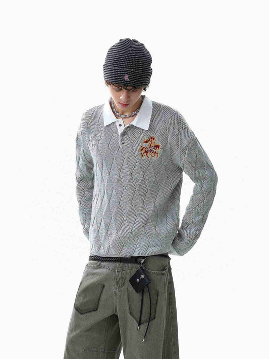 Retro Contrast Collar Embroidery Knit Sweater