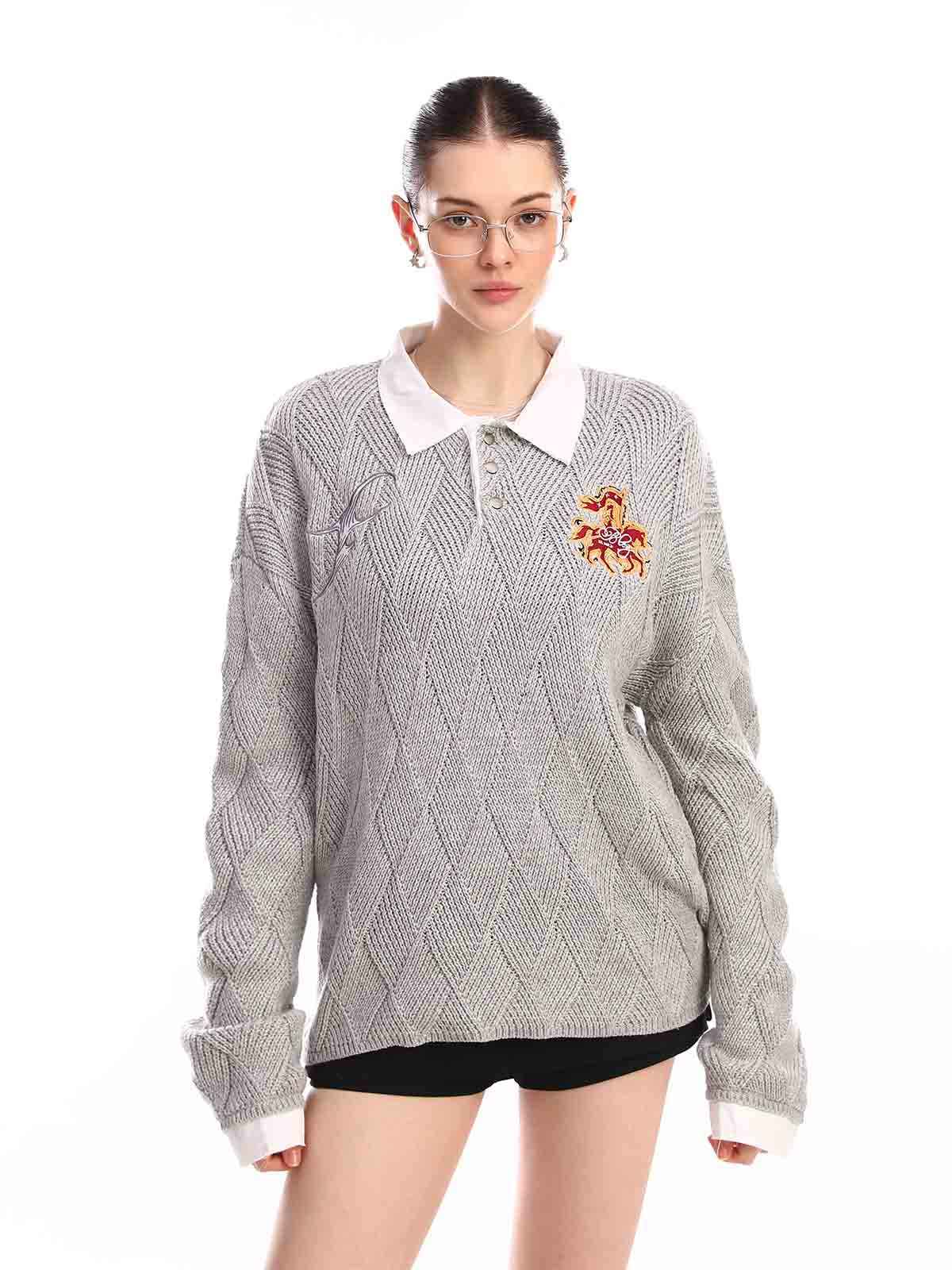 Retro Contrast Collar Embroidery Knit Sweater