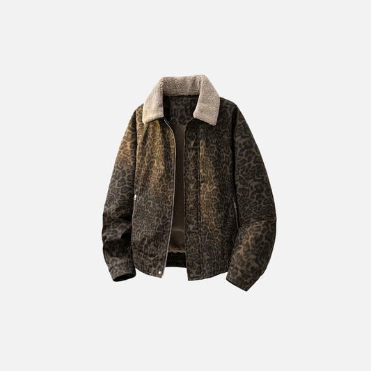 Thick Warm Leopard Print Fleece Fur Collar Jacket - Luxuryurbanwear