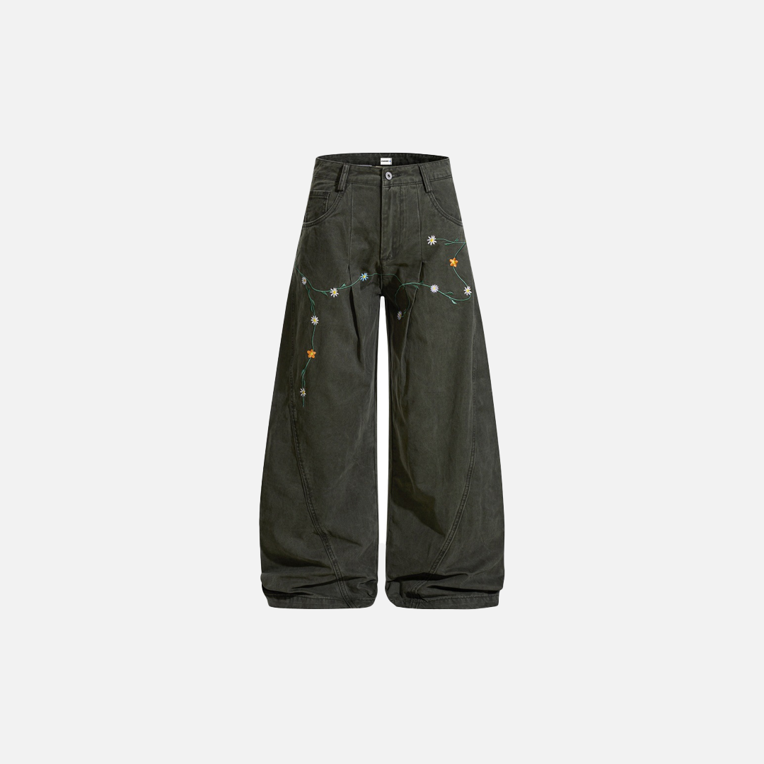 Y2K Luxury Floral Embroidered Wide-Leg Jeans - Luxuryurbanwear