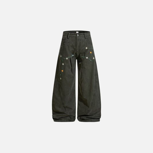 Y2K Luxury Floral Embroidered Wide-Leg Jeans - Luxuryurbanwear
