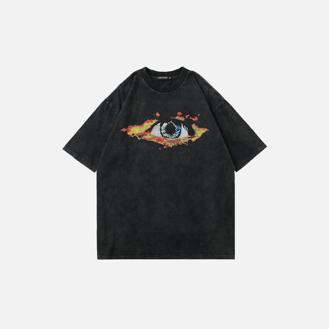 Flame Eye Graphic Print Black Washed T-Shirt - Luxuryurbanwear