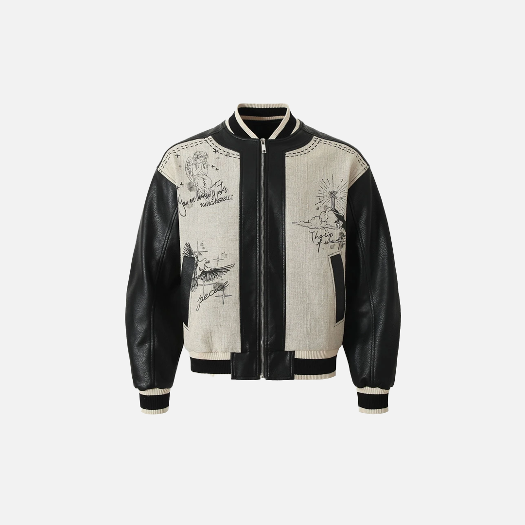Streetwear High Street Patchwork Leather Varsity Jacket - Luxuryurbanwear
