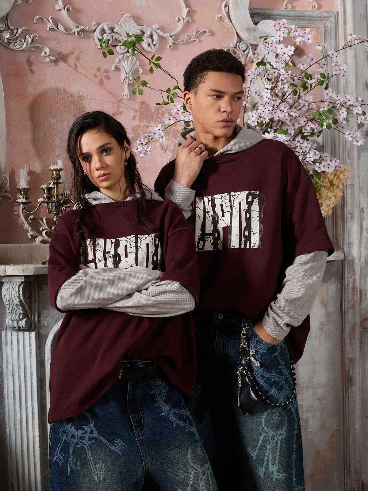 Original Print Faux Two-Piece Hooded Long-Sleeve T-Shirt