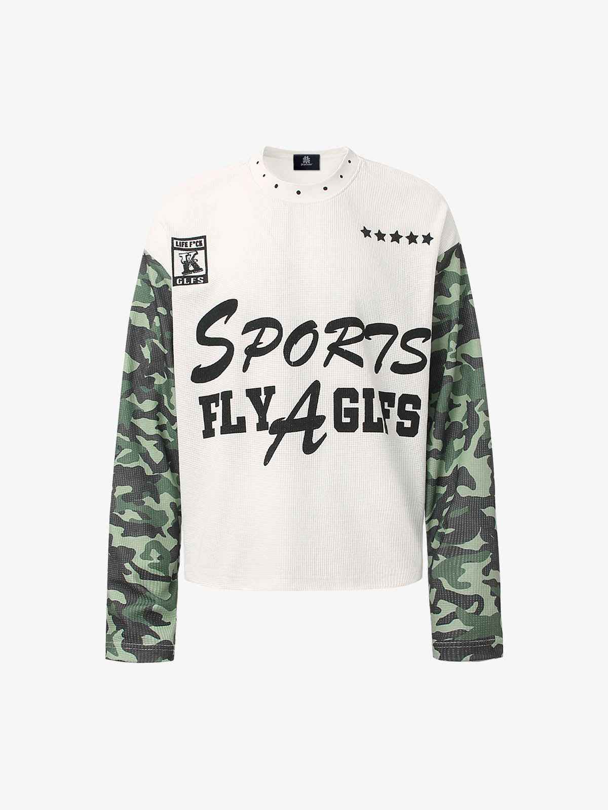 Camouflage Patchwork Letter Print Waffle Long-Sleeved T-Shirt