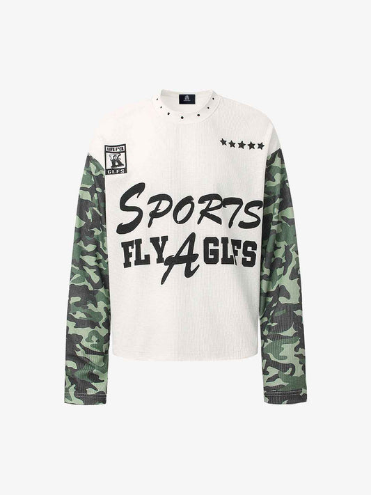 Camouflage Patchwork Letter Print Waffle Long-Sleeved T-Shirt