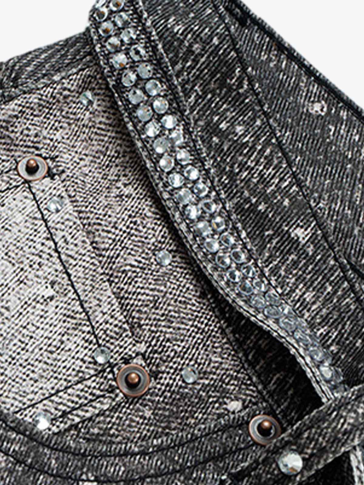 Denim Distressed Belt Diamond Decorated Jeans