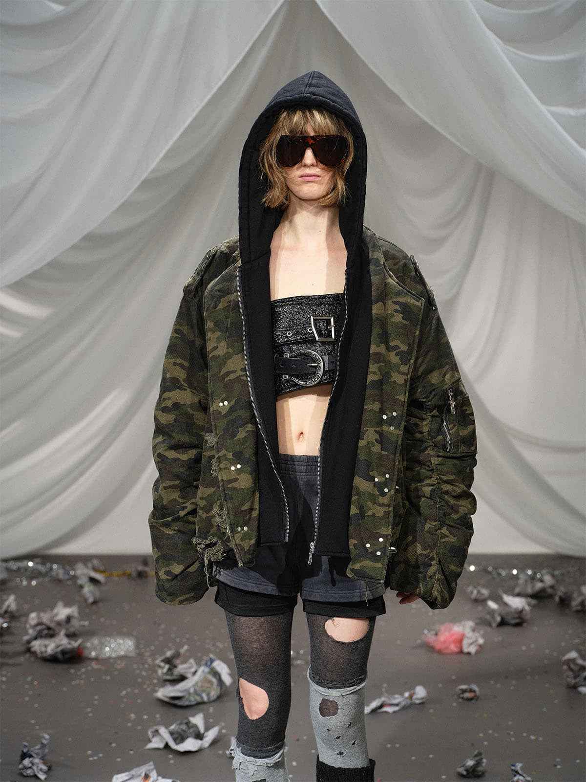 Retro Camouflage Faux Layered Metal Buckle Padded Jacket