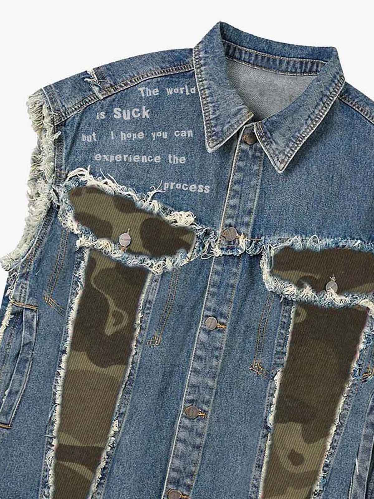 Distressed Camo Patchwork Sleeveless Denim Vest