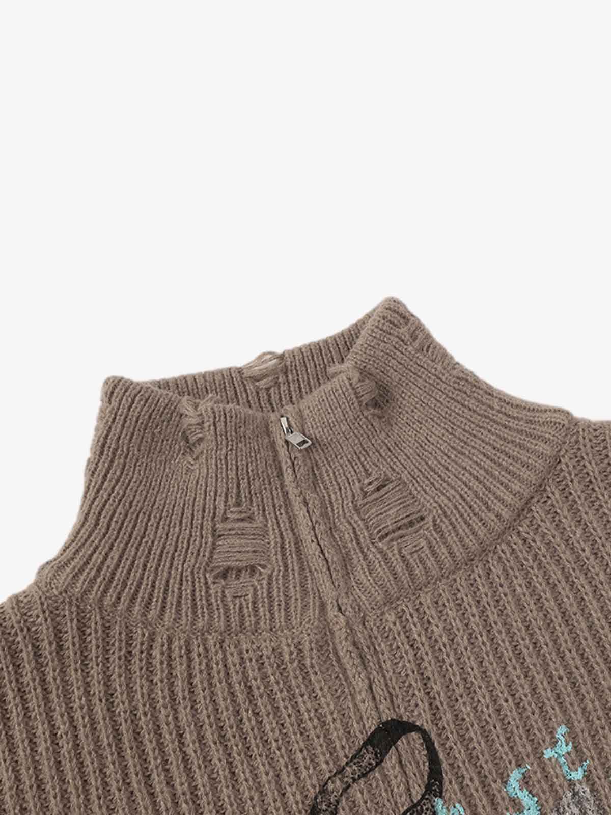 Retro Distressed Cat Print Ribbed Zip-Up High-Neck Sweater