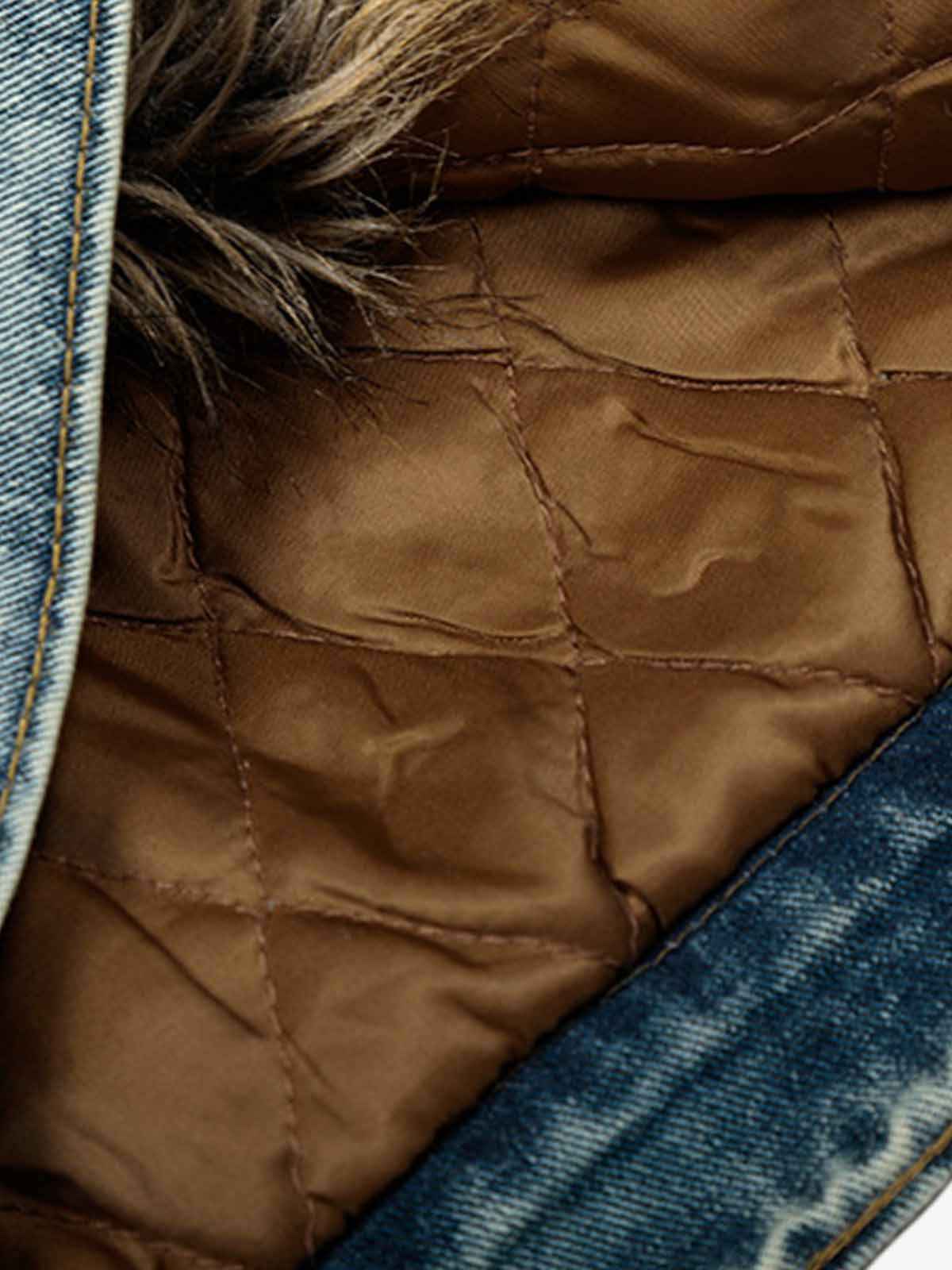 Vintage Faux Fur Trim Washed Padded Denim Jacket
