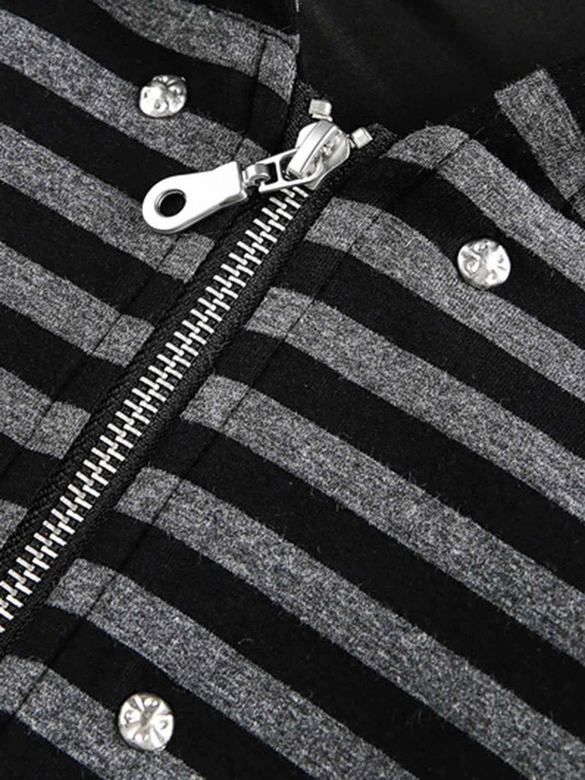 Detachable Fur Collar Striped Zip Up Hoodie