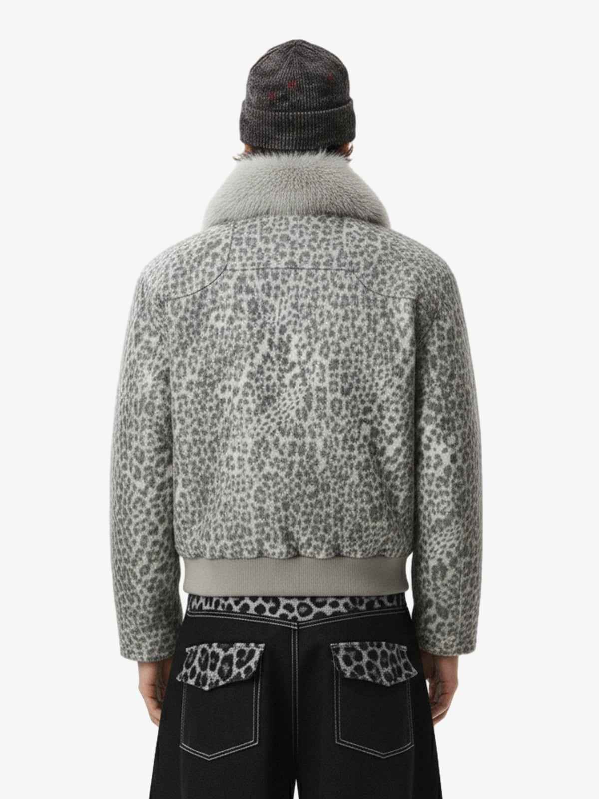 Vintage Leopard Fleece Faux Fur Collar Panel Trim Padded Jacket