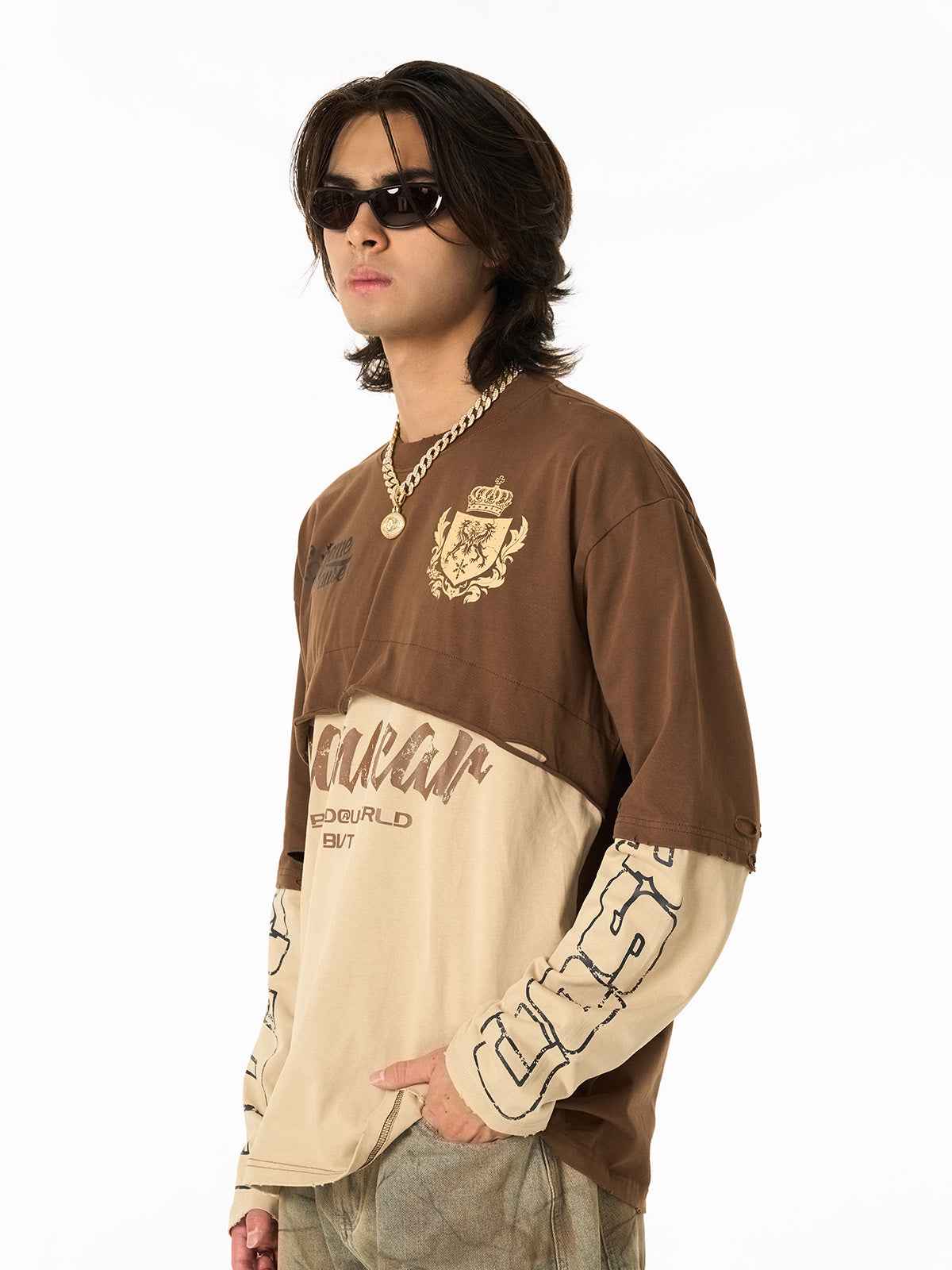 Retro Fake Two-Piece Patchwork College Badge Long Sleeve T-Shirt