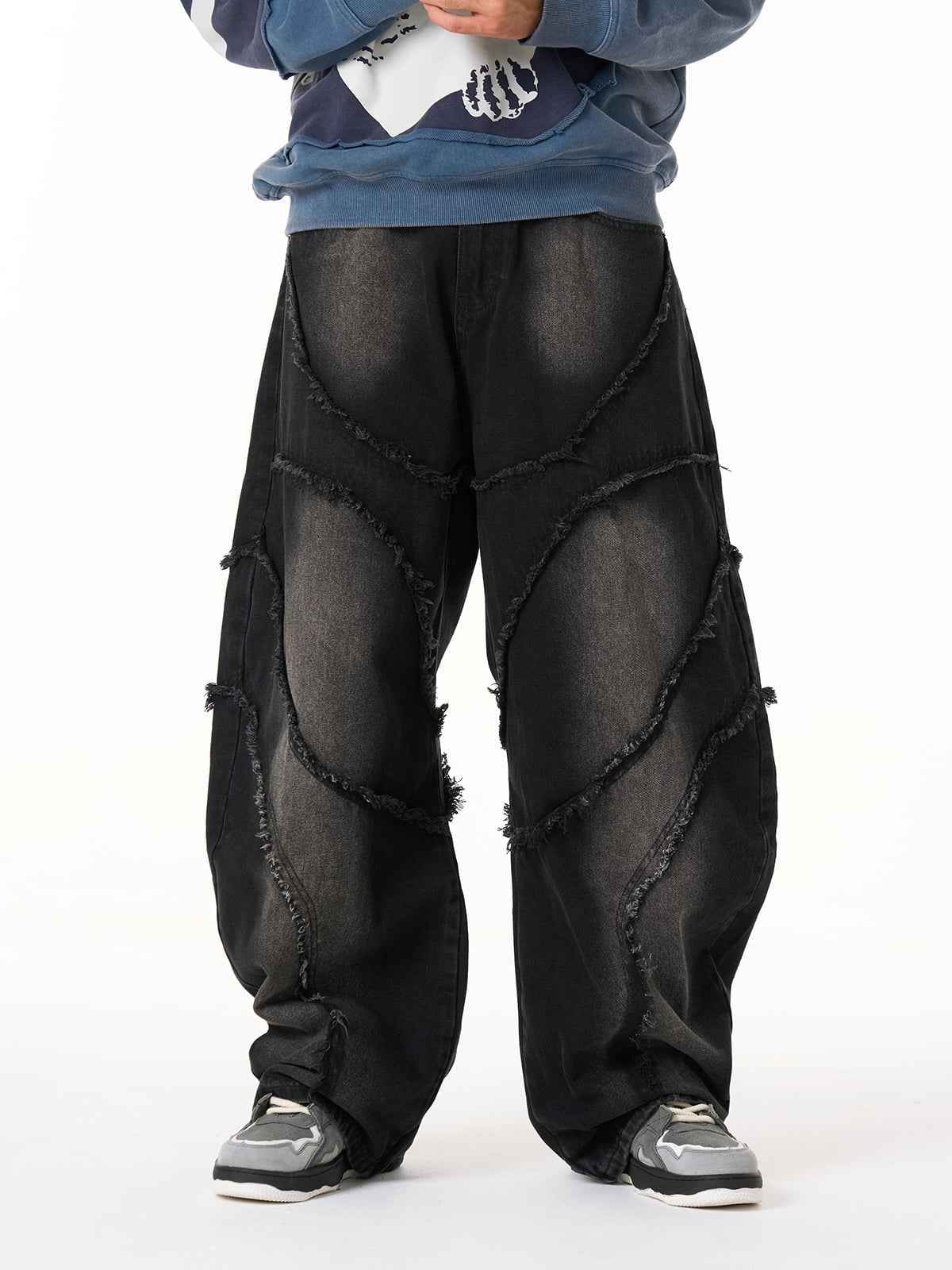 Washed Distressed Raw Edge Barrel Jeans - 2402