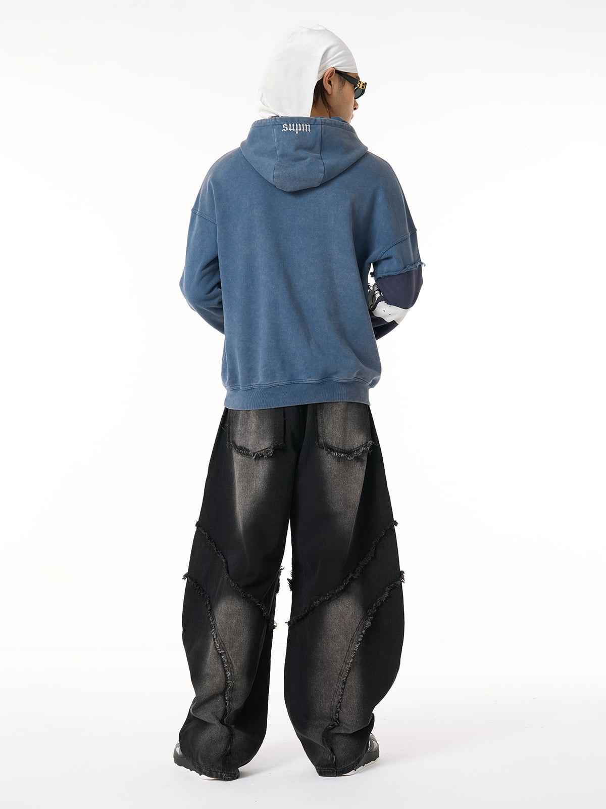 Washed Distressed Raw Edge Barrel Jeans - 2402