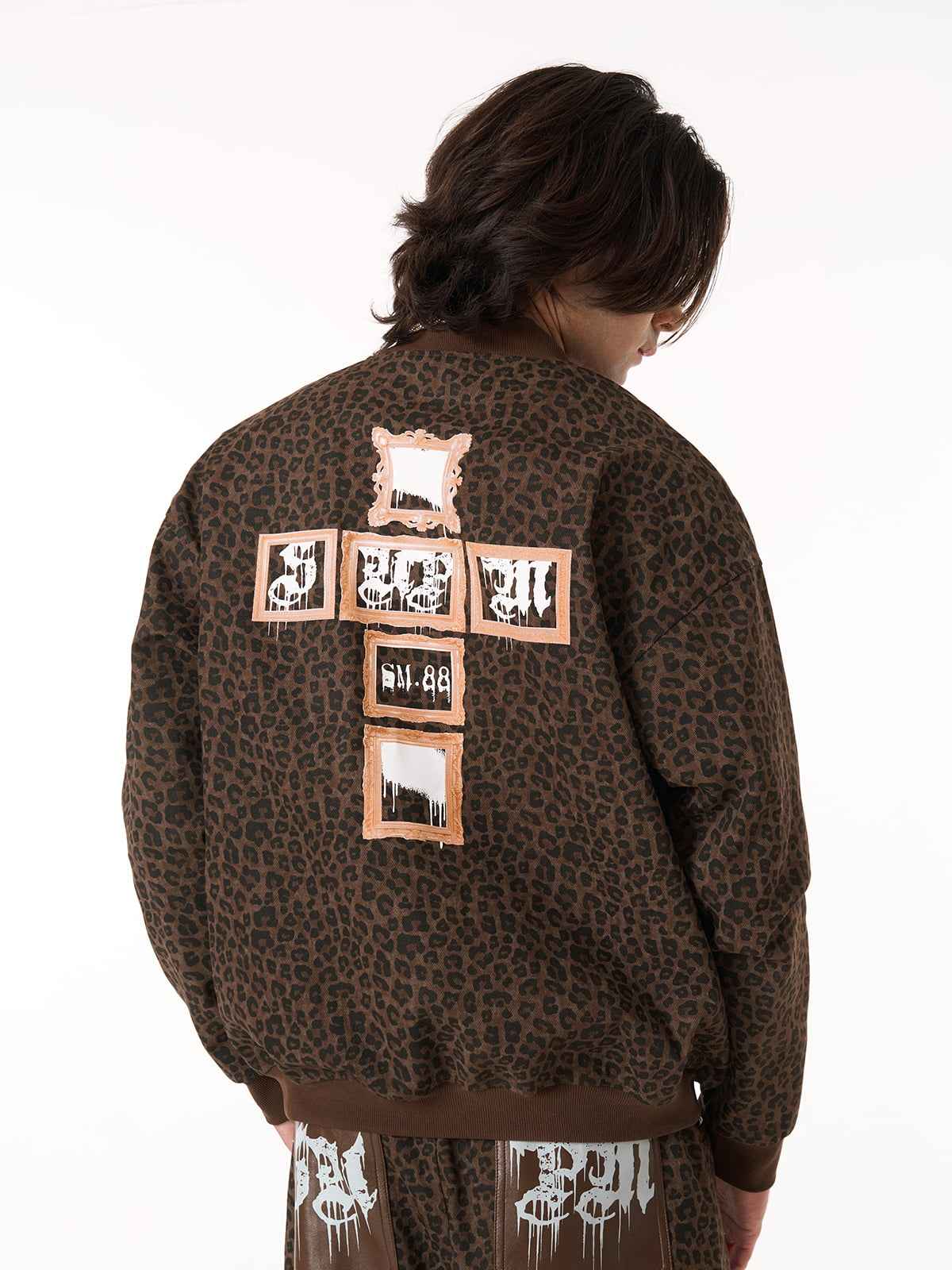 Cross Frame Leopard Print Baseball Jacket - 2572