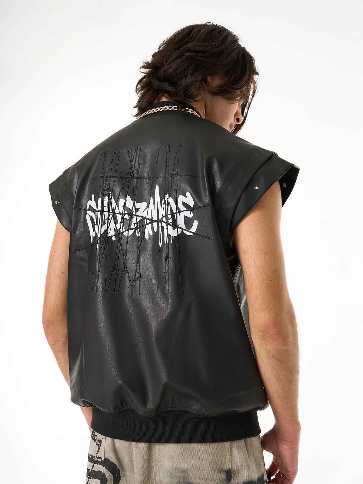 Thorn Destruction Frame Pattern Leather Vest