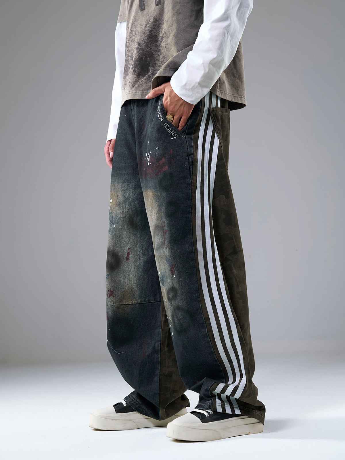 Washed Stripe Patchwork Totem Print Baggy Jeans