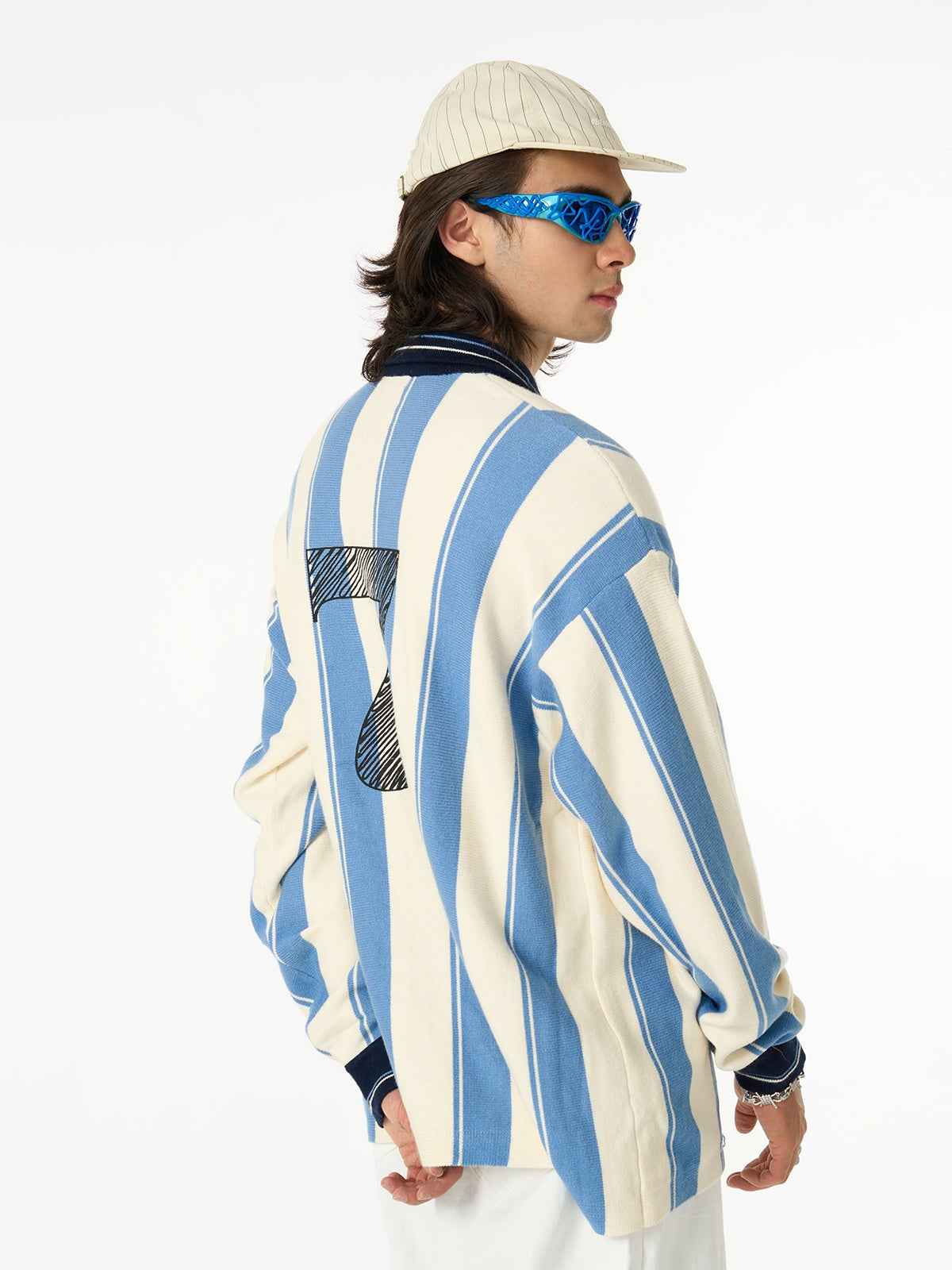 Retro Striped Polo Collar Sports Jersey Knit Sweater