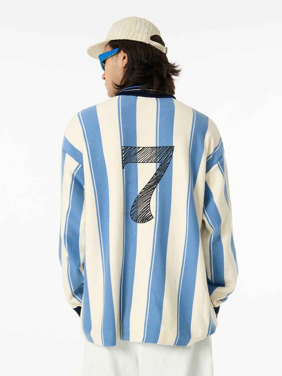 Retro Striped Polo Collar Sports Jersey Knit Sweater