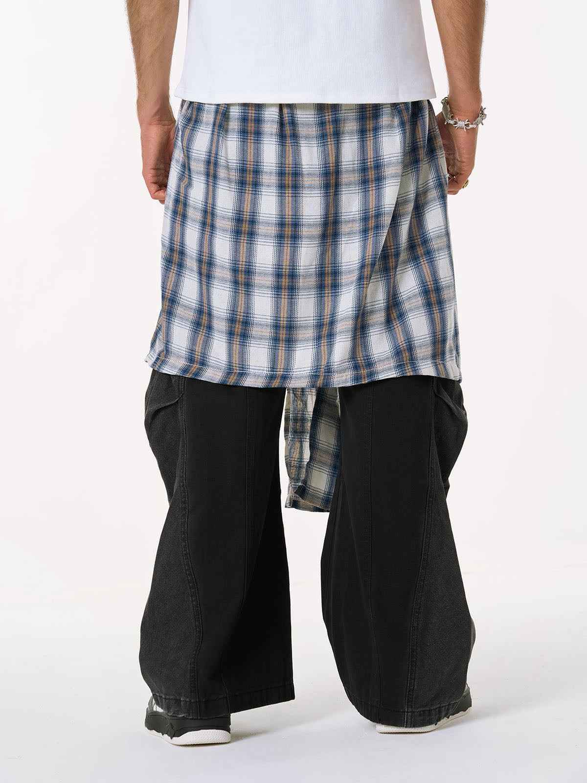 Denim Faux Two-piece Plaid Detachable Scimitar Jeans - 2435