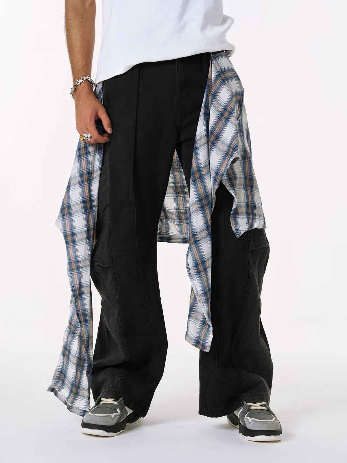 Denim Faux Two-piece Plaid Detachable Scimitar Jeans - 2435