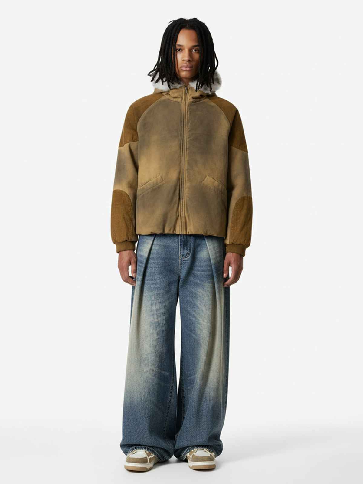 Vintage Washed Pleated Wide-Leg Jeans