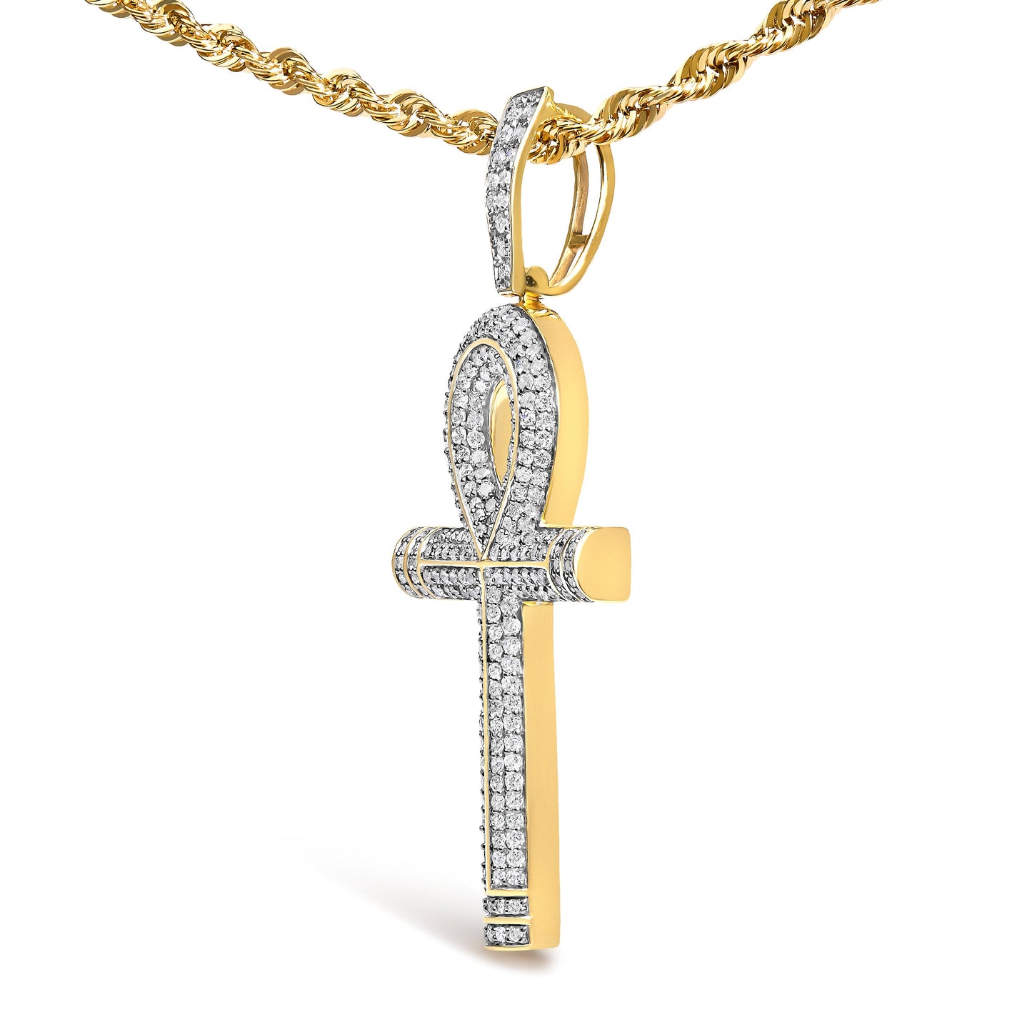10K Yellow Gold 1 7/8 Cttw Round Diamond Ankh Men's Pendant Necklace