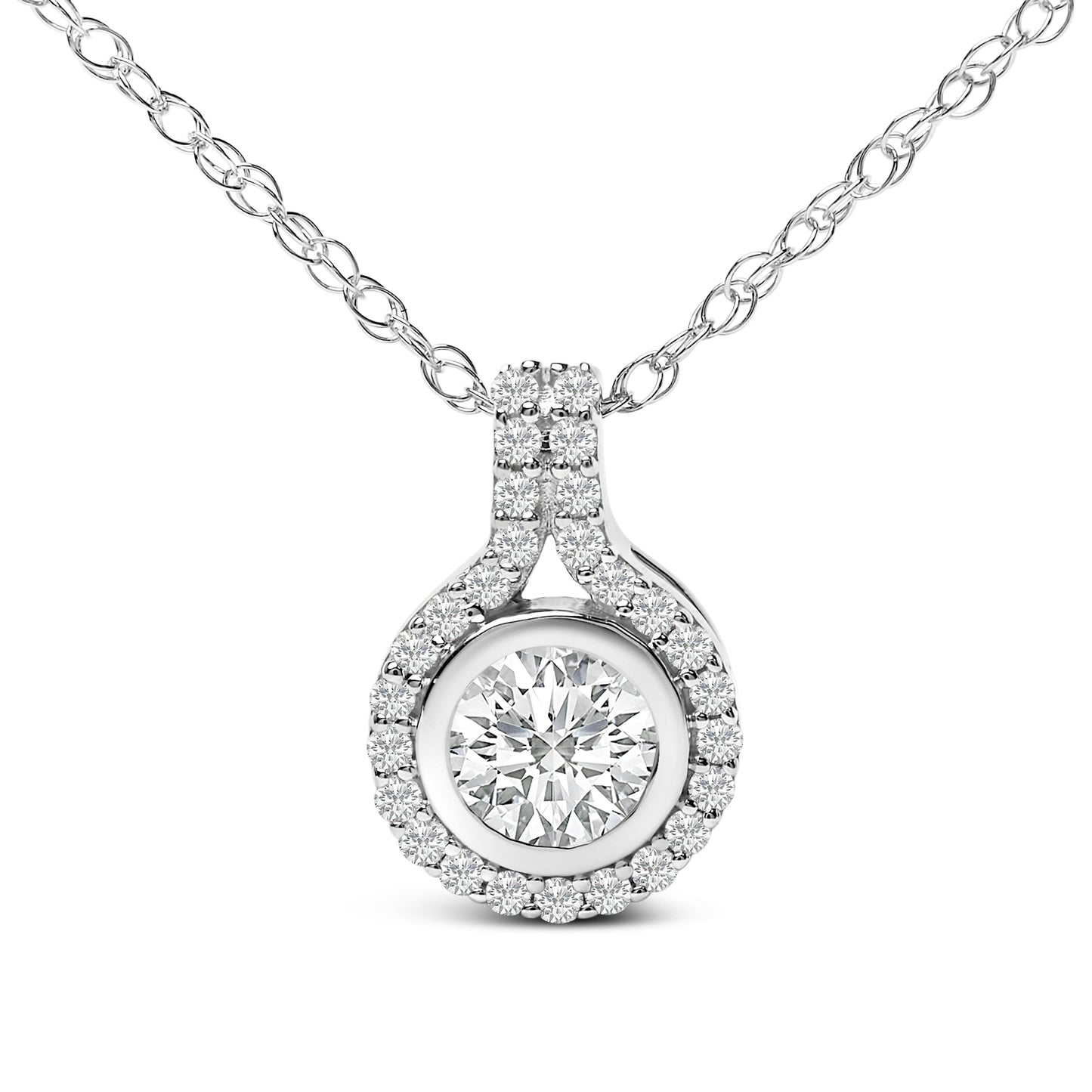 Sterling Silver 3/4 Cttw Lab Grown Diamond Halo Pendant Necklace