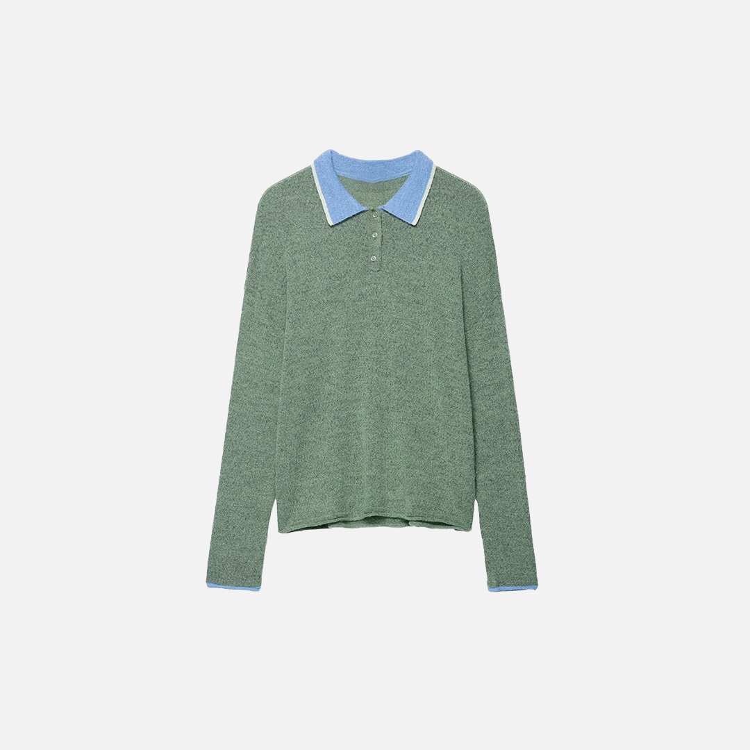 Cozy Soft Green Knitted Polo Collar Sweater - Luxuryurbanwear