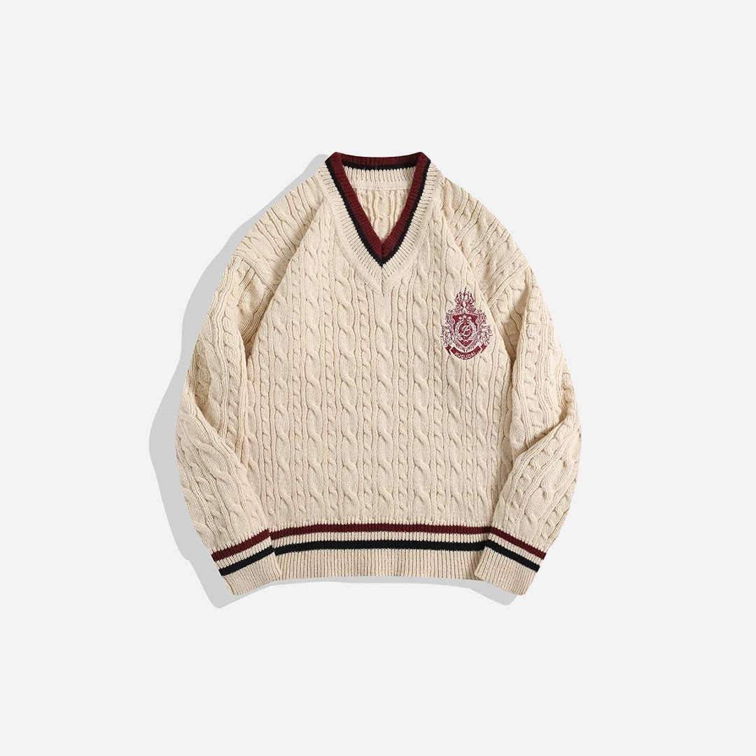 Premium Retro College Style V-Neck Collar Sweater - Luxuryurbanwear