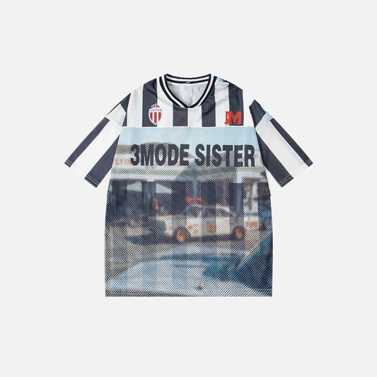 Mesh Retro Striped Print Short Sleeve Jersey T-Shirt - Luxuryurbanwear