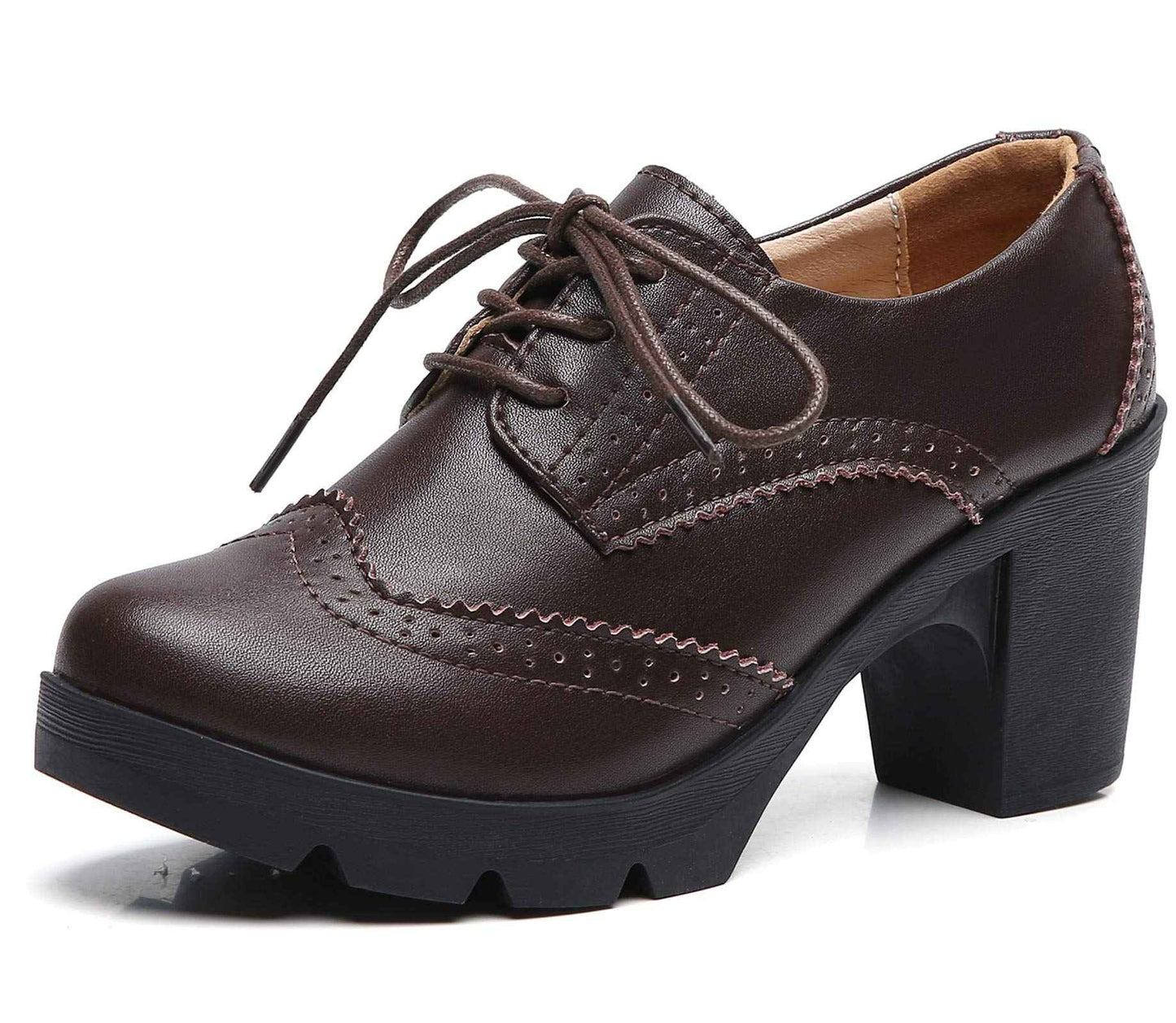 DADAWEN Women's Leather Classic Lace Up Platform Chunky Mid-Heel Square Toe Oxfords Dress Pump Shoes