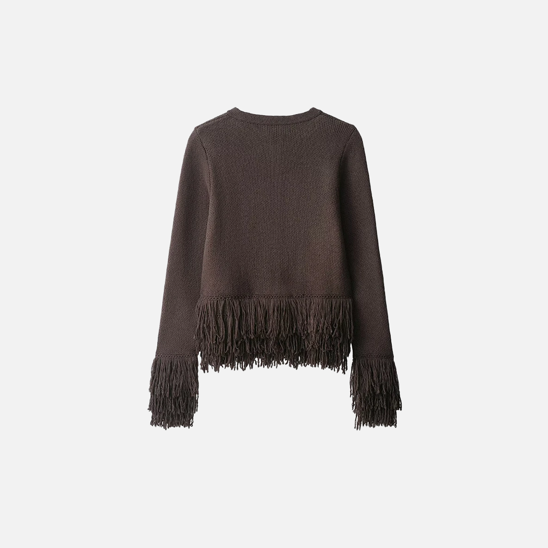 Perfect Fit Taseel Coffee O-Neck Collar Knitted Cardigan - Luxuryurbanwear