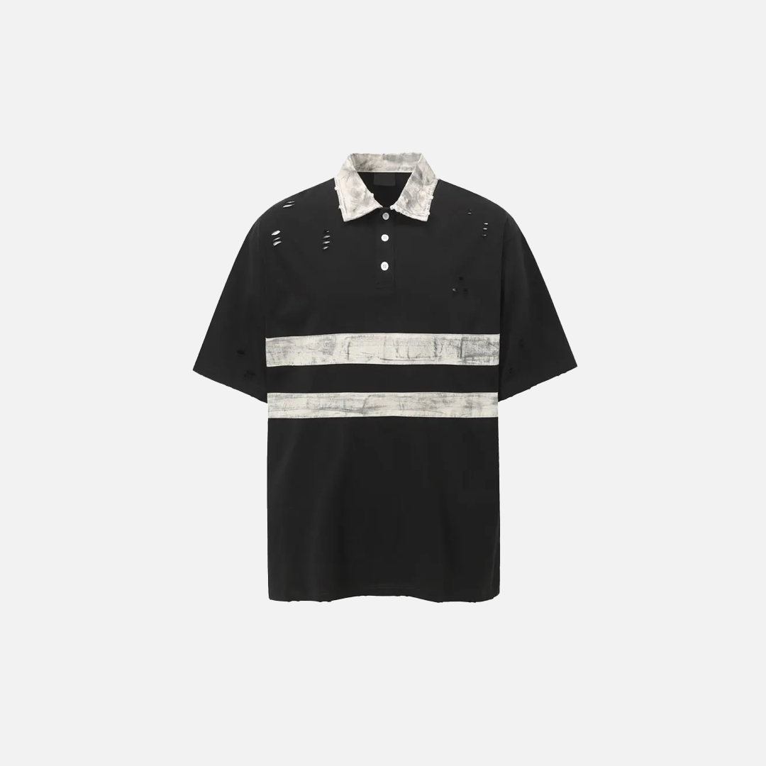 Retro Punk Grunge Patched Ripped Polo Collar T-Shirt - Luxuryurbanwear