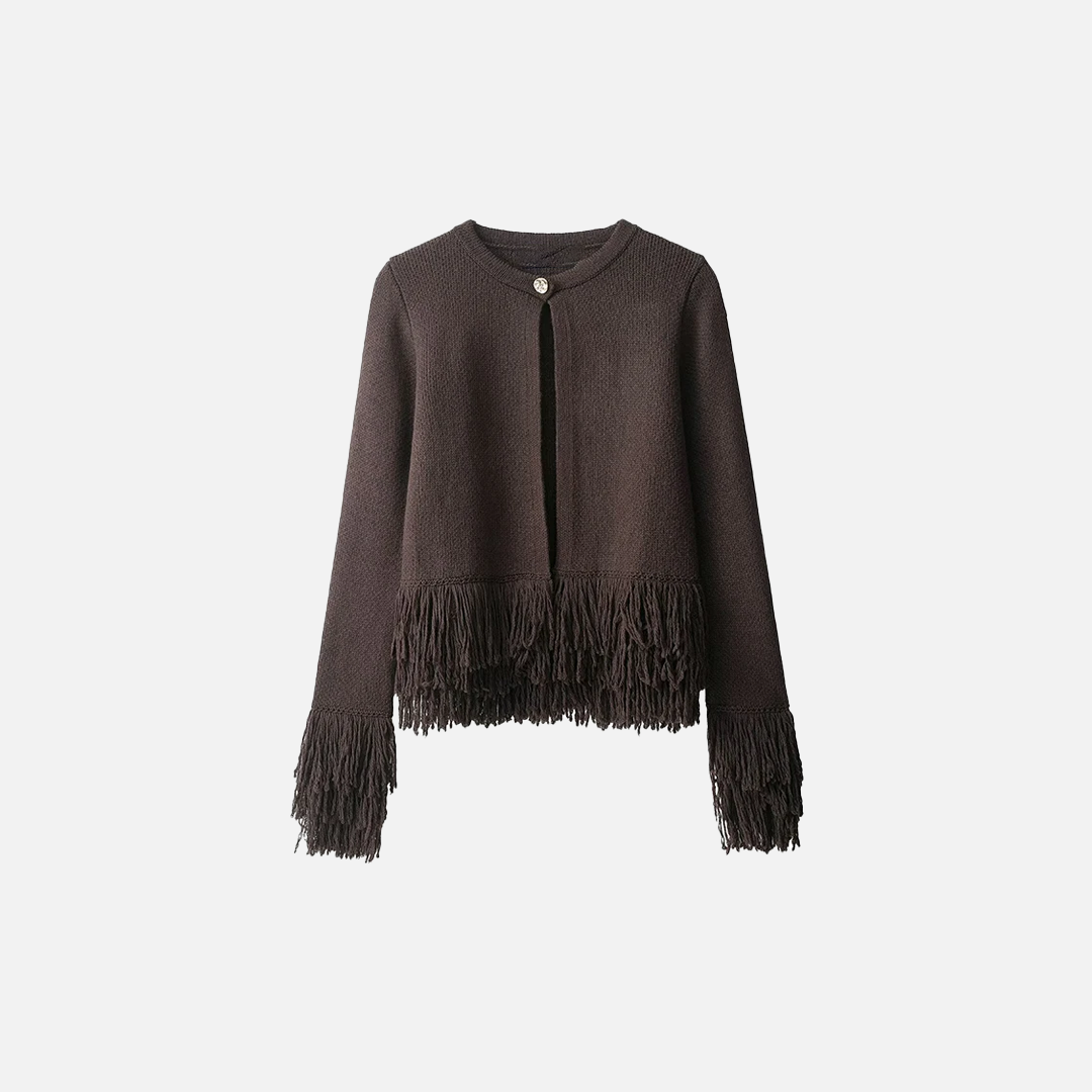 Perfect Fit Taseel Coffee O-Neck Collar Knitted Cardigan - Luxuryurbanwear