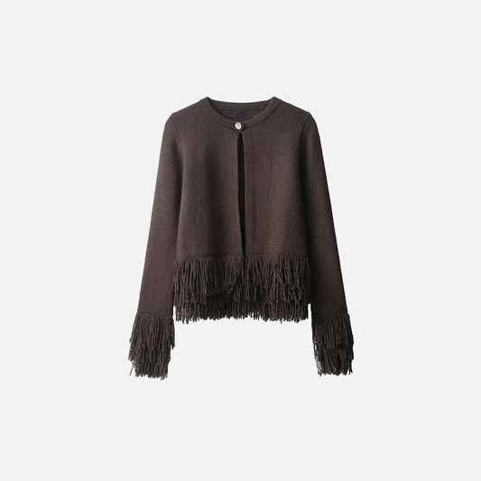 Perfect Fit Taseel Coffee O-Neck Collar Knitted Cardigan - Luxuryurbanwear