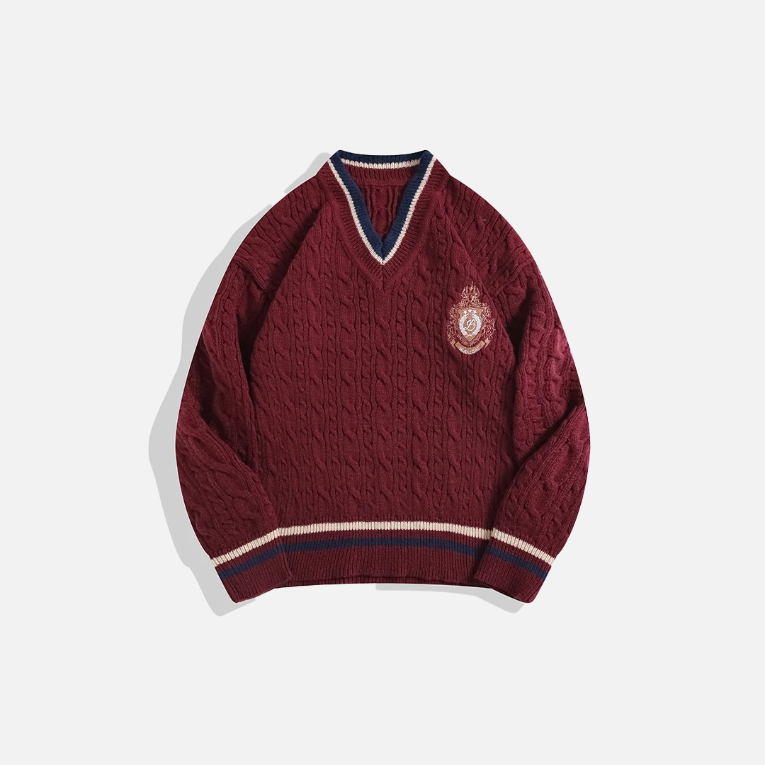 Premium Retro College Style V-Neck Collar Sweater - Luxuryurbanwear