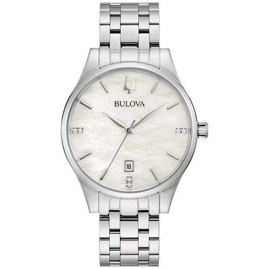 Bulova Ladies Classic Diamond Dial Stainless Steel 3-Hand Calendar Date Quartz Watch White Mother-of-Pearl Style: 96P220