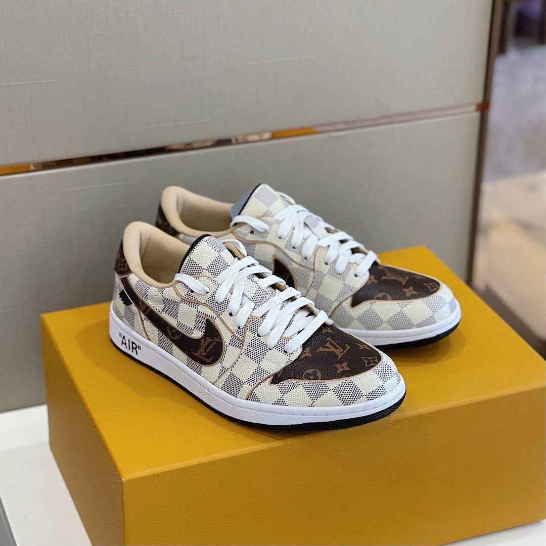 Custom Air Jordan 1 Low Damier Azur Brown Monogram Sneakers SneakerNational