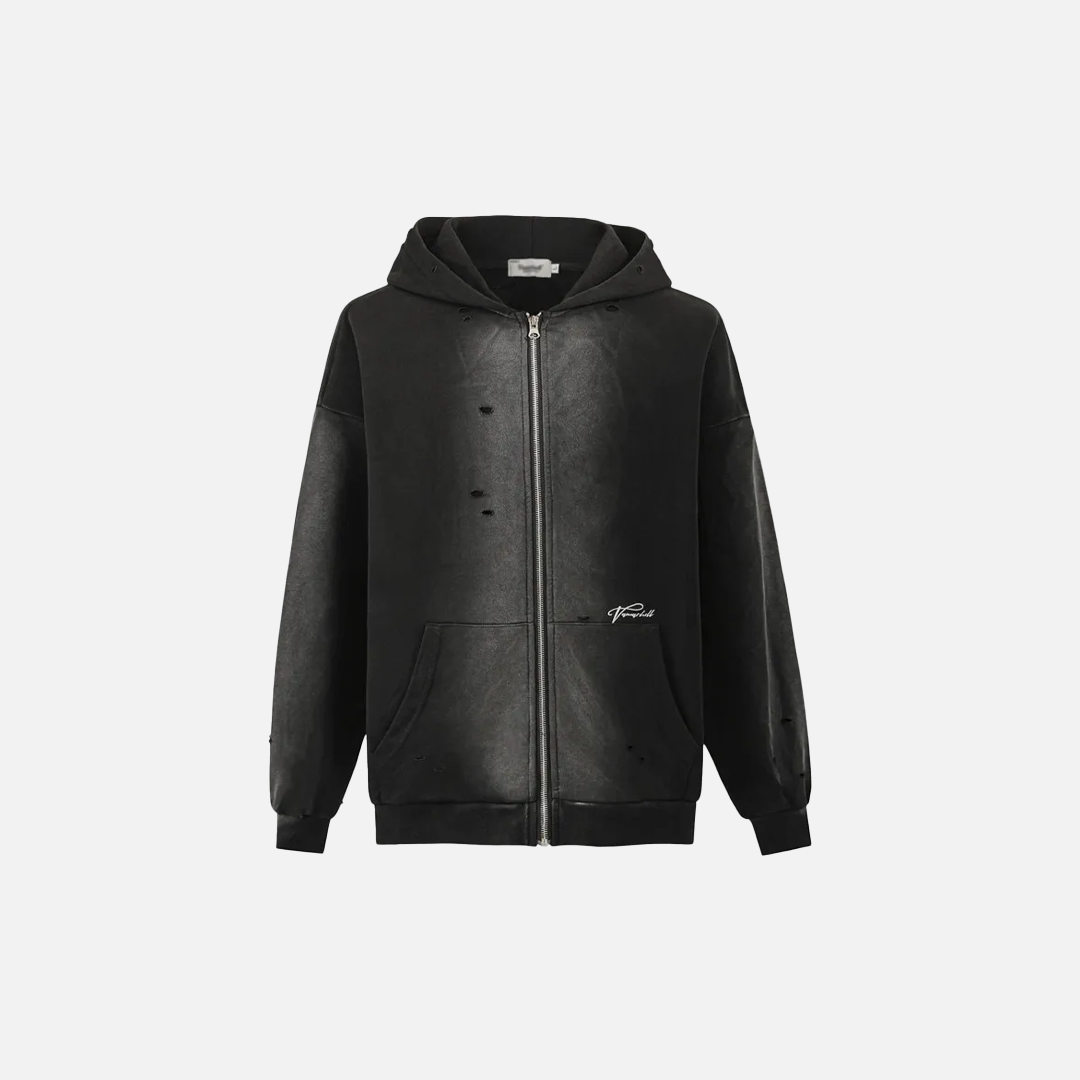 Distressed Ripped Embroidery Hooded Sweatshirt - Luxuryurbanwear