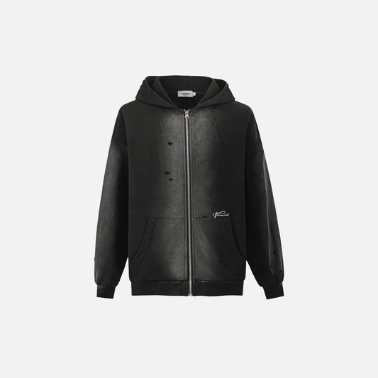 Distressed Ripped Embroidery Hooded Sweatshirt - Luxuryurbanwear