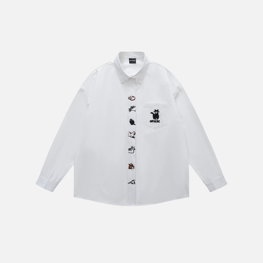 Premium Cats Embroidery Loose Long Sleeve Shirt - Luxuryurbanwear